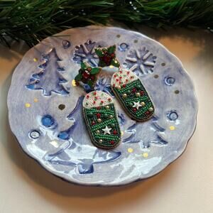 Blue Ceramic Snowflake & Spruce Tree Ring, Trinket or Ear Bud Ceramic Dish